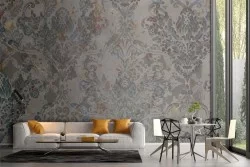 Damask Adhesive Wallpaper in Vintage Gray and Gold