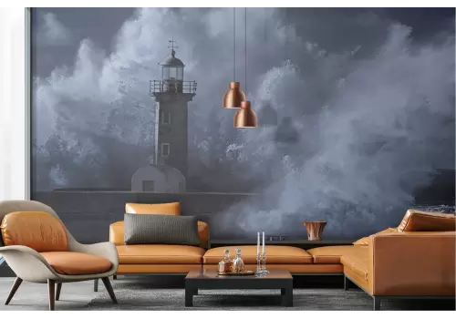 Carta da Parati mare in tempesta con faro 2