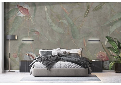 Green and gold leaf wallpaper on concrete background