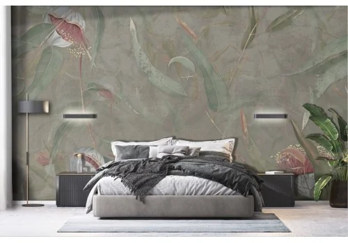 Green and gold leaf wallpaper on concrete background -a304