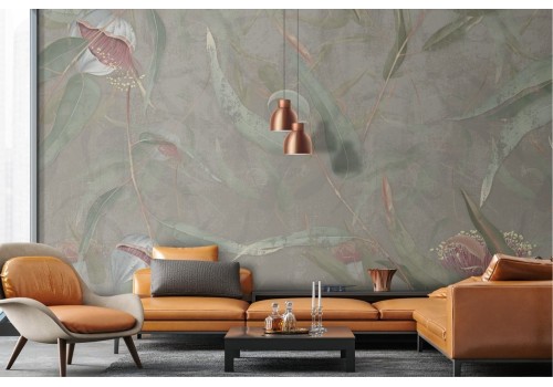 Green and gold leaf wallpaper on concrete background 2