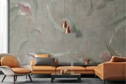 Carta da Parati Adesiva foglie verdi e oro su sfondo cemento