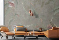 Adhesive Wallpaper green and gold leaves on concrete background