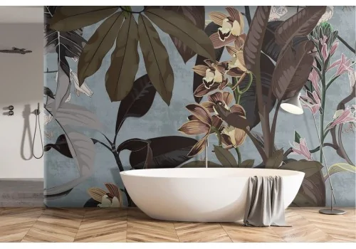 Tropical plants and flowers wallpaper on concrete effect background -a307