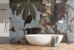 Tropical plants and flowers wallpaper on concrete effect background