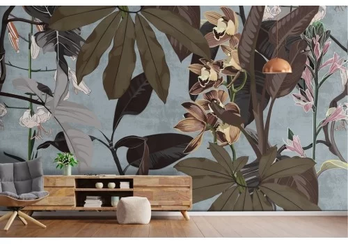 Carta da parati piante e fiori tropicali su sfondo effetto cemento 2