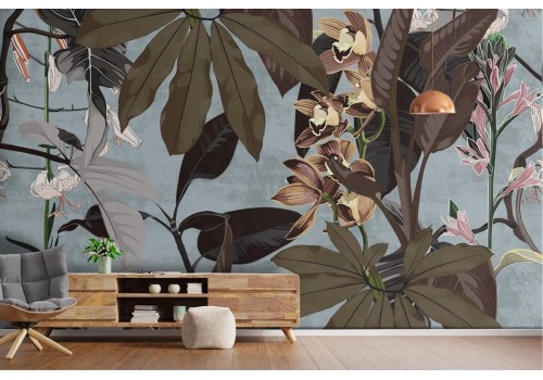 Tropical plants and flowers wallpaper on concrete effect background 2