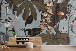 Carta da Parati Adesiva piante e fiori tropicali su sfondo effetto cemento