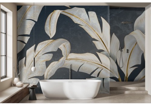 Stylized white and gold tropical leaves wallpaper