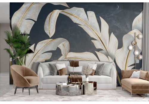 Stylized white and gold tropical leaves wallpaper 2