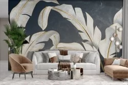 Adhesive Wallpaper with stylized white and gold tropical leaves