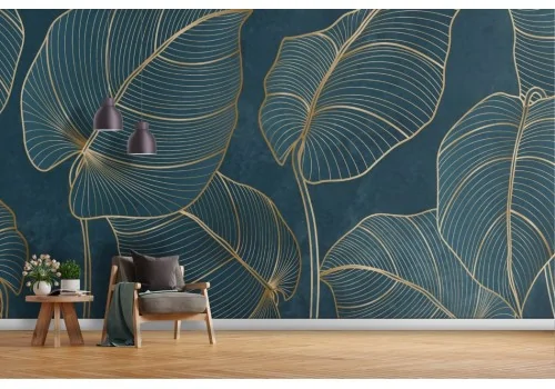 Wallpaper stylized gold leaves on blue background -a310