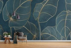 Gold stylized leaves wallpaper on blue background