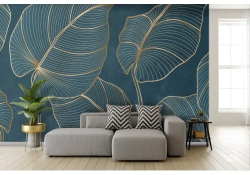Gold stylized leaves wallpaper on blue background 2