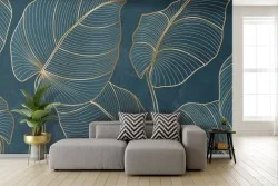 Adhesive Wallpaper with stylized gold leaves on a blue background