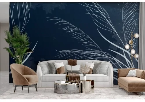 Stylized white leaf wallpaper on a midnight blue background 2