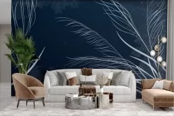 Adhesive Wallpaper stylized white leaves on night blue background