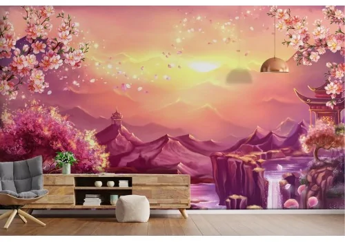 Oriental landscape wallpaper with waterfalls and cherry trees