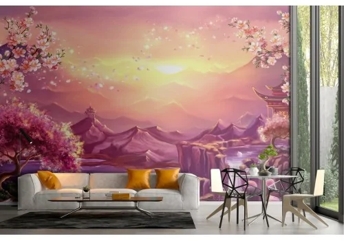 Oriental landscape wallpaper with waterfalls and cherry trees 2