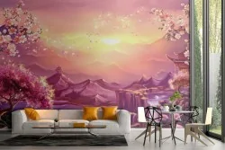 Oriental landscape wallpaper with waterfalls and cherry trees