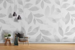 Carta da parati foglie grigio e bianco