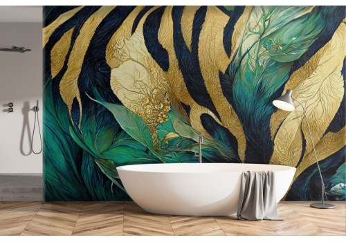 Abstract wallpaper with green and gold tropical leaves