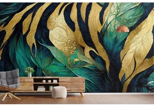 Carta da parati astratta foglie tropicali verde e oro 2