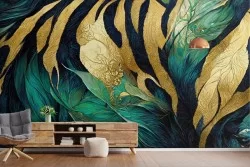 Carta da Parati Adesiva astratta foglie tropicali verde e oro