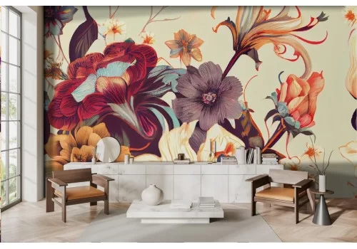 Carta da parati fiori colorati su sfondo avorio