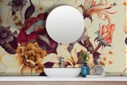 Carta da Parati Adesiva fiori colorati su sfondo avorio