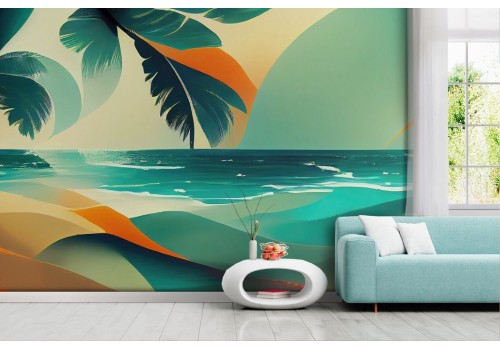 Carta da parati colorata mare onde e palme