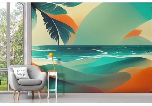 Carta da parati colorata mare onde e palme 2