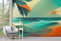 Adhesive Wallpaper colorful sea waves and palms