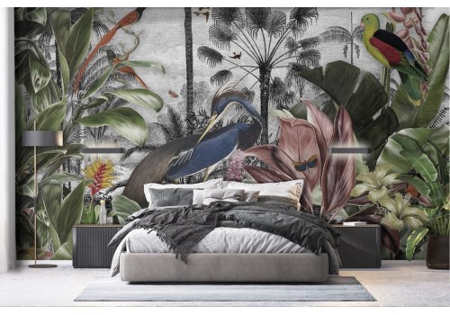 Vintage tropical forest wallpaper with birds