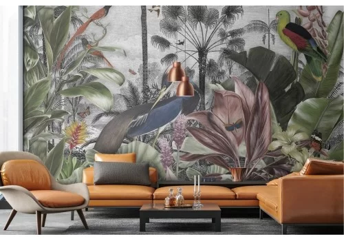Carta da parati vintage foresta tropicale con uccelli 2