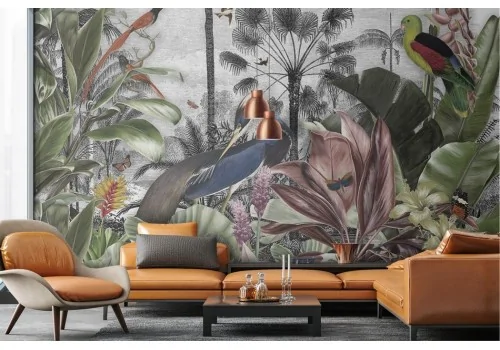 Vintage tropical forest wallpaper with birds 2