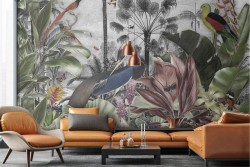 Adhesive Wallpaper Vintage Tropical Forest with Birds