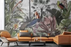 Adhesive Wallpaper Vintage Tropical Forest with Birds