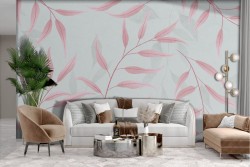 Adhesive Wallpaper with stylized pink leaves