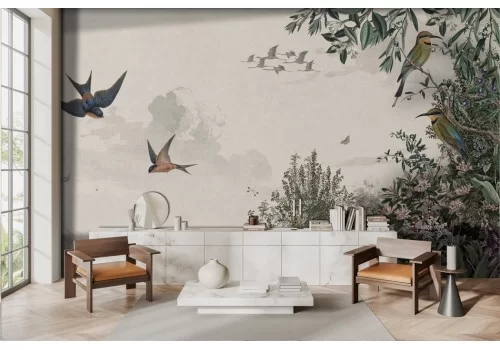 Vintage wallpaper eastern landscape flowers birds