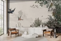 Carta da parati vintage paesaggio orientale fiori uccelli