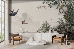 Vintage wallpaper eastern landscape flowers birds