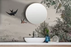 Carta da Parati Adesiva vintage paesaggio orientale fiori uccelli