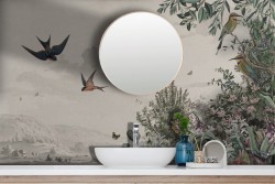 Vintage Adhesive Wallpaper Eastern landscape flowers birds