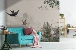 Wallpaper landscape flowers and birds