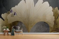 Carta da parati foglie tropicali stilizzate oro
