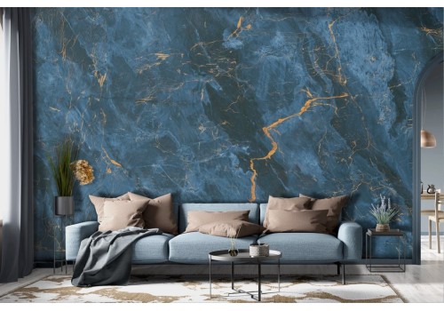 Blue gold marble finish wallpaper