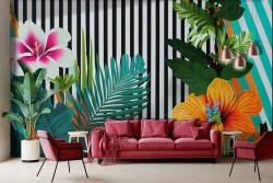 Colorful flowers and stripes wallpaper