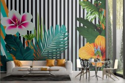 Carta da Parati Adesiva fiori colorati e righe