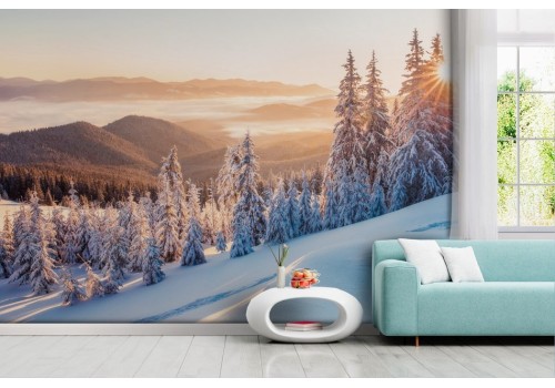 Snowy forest sunset wallpaper